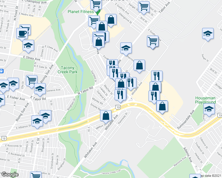 map of restaurants, bars, coffee shops, grocery stores, and more near 5241 Howland Street in Philadelphia
