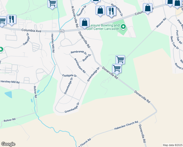 map of restaurants, bars, coffee shops, grocery stores, and more near 123 Greenhedge Drive in Lancaster