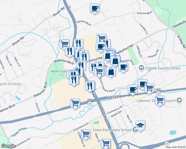 map of restaurants, bars, coffee shops, grocery stores, and more near 181 North Pottstown Pike in Exton