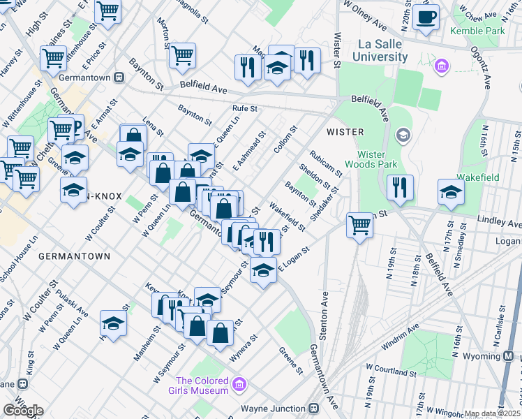 map of restaurants, bars, coffee shops, grocery stores, and more near 84 East Wister Street in Philadelphia