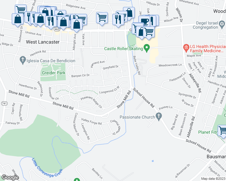 map of restaurants, bars, coffee shops, grocery stores, and more near 214 Longwood Court West in Lancaster