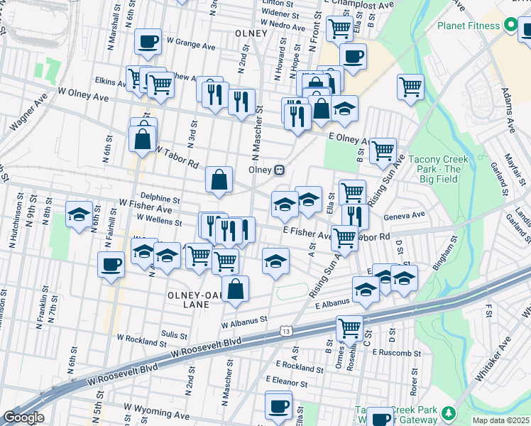map of restaurants, bars, coffee shops, grocery stores, and more near 122 Delphine Street in Philadelphia