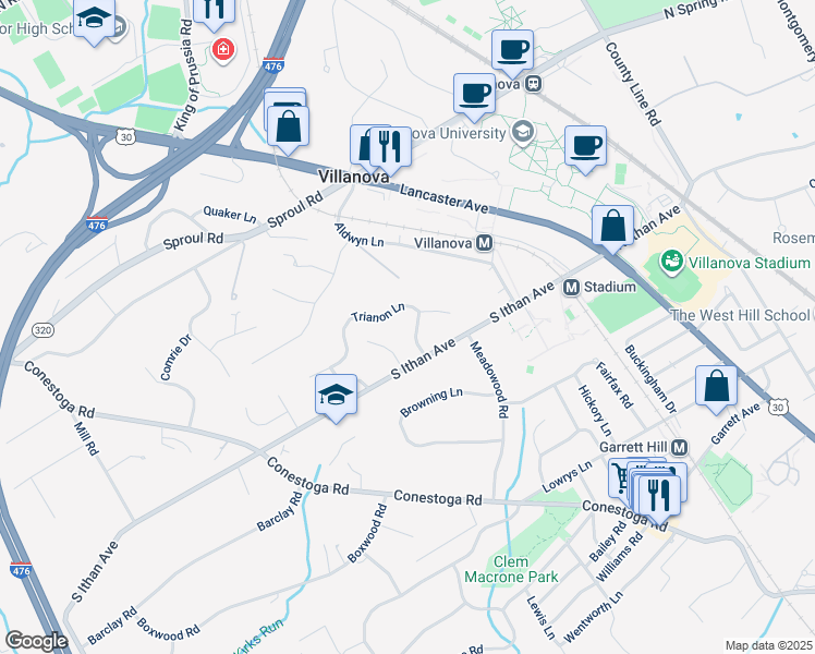 map of restaurants, bars, coffee shops, grocery stores, and more near 228 Trianon Lane in Villanova
