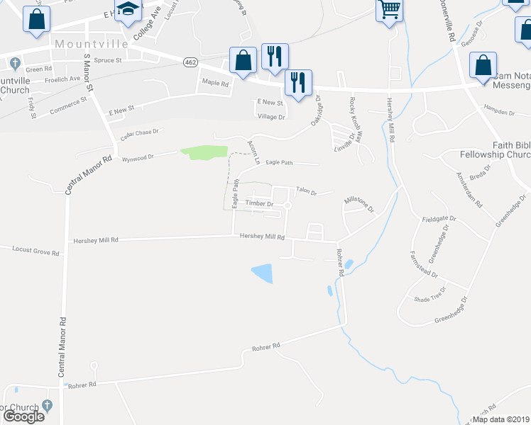 map of restaurants, bars, coffee shops, grocery stores, and more near 103 Henley Lane in Mountville