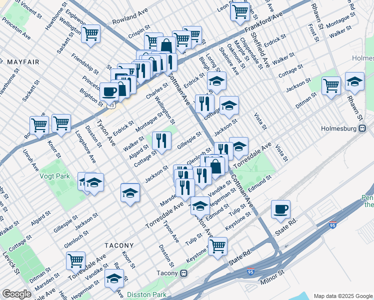 map of restaurants, bars, coffee shops, grocery stores, and more near 7176 Jackson St in Philadelphia