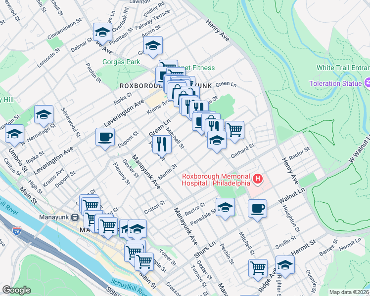 map of restaurants, bars, coffee shops, grocery stores, and more near 450 Lyceum Avenue in Philadelphia