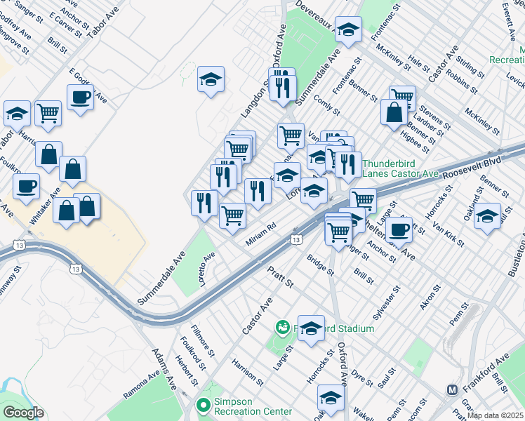 map of restaurants, bars, coffee shops, grocery stores, and more near 5616 Loretto Avenue in Philadelphia