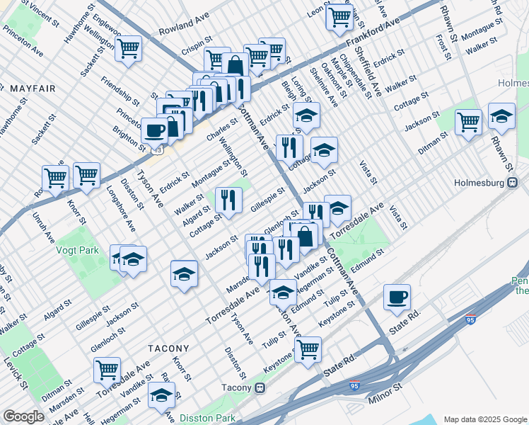 map of restaurants, bars, coffee shops, grocery stores, and more near 7176 Jackson St in Philadelphia