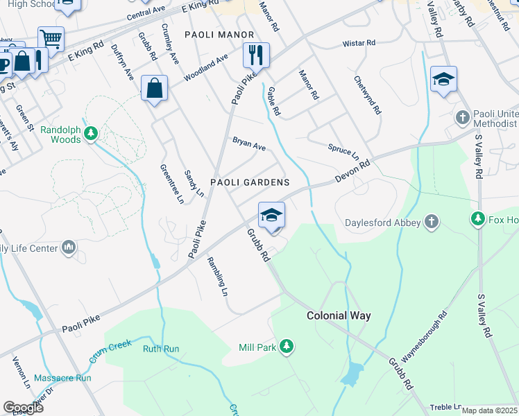 map of restaurants, bars, coffee shops, grocery stores, and more near 25 Devon Road in Paoli