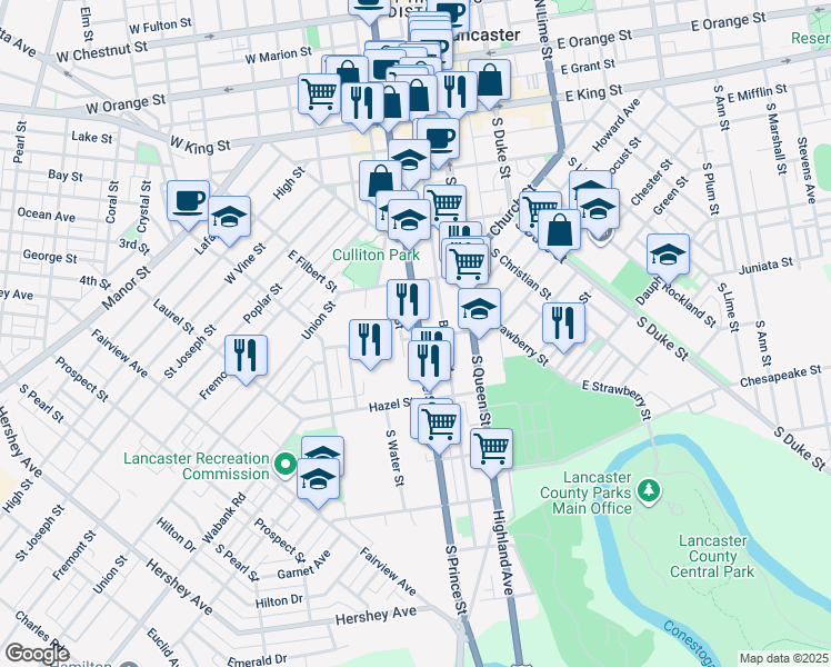 map of restaurants, bars, coffee shops, grocery stores, and more near 354 South Prince Street in Lancaster
