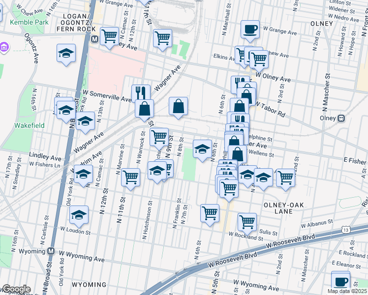 map of restaurants, bars, coffee shops, grocery stores, and more near 745 West Wellens Street in Philadelphia