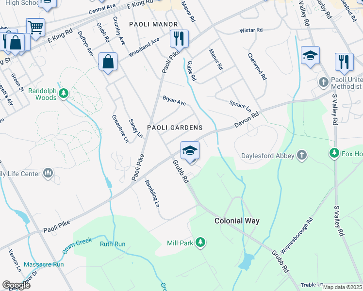 map of restaurants, bars, coffee shops, grocery stores, and more near 25 Devon Road in Paoli