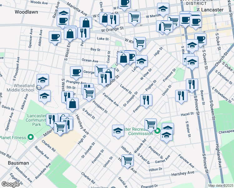 map of restaurants, bars, coffee shops, grocery stores, and more near 712 Lafayette Street in Lancaster
