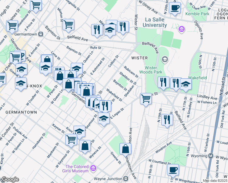 map of restaurants, bars, coffee shops, grocery stores, and more near 5001 Wakefield Street in Philadelphia