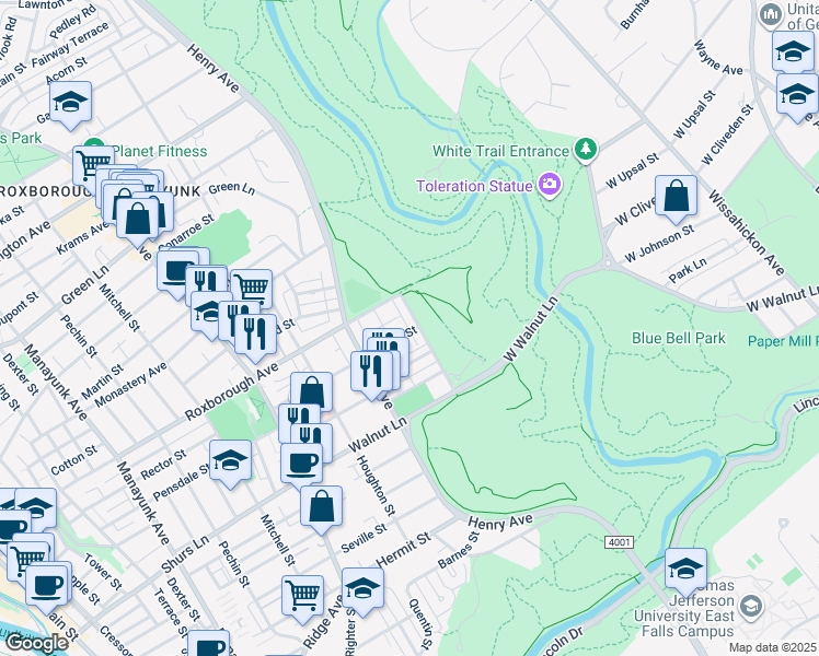 map of restaurants, bars, coffee shops, grocery stores, and more near 5852 Magdalena Street in Philadelphia