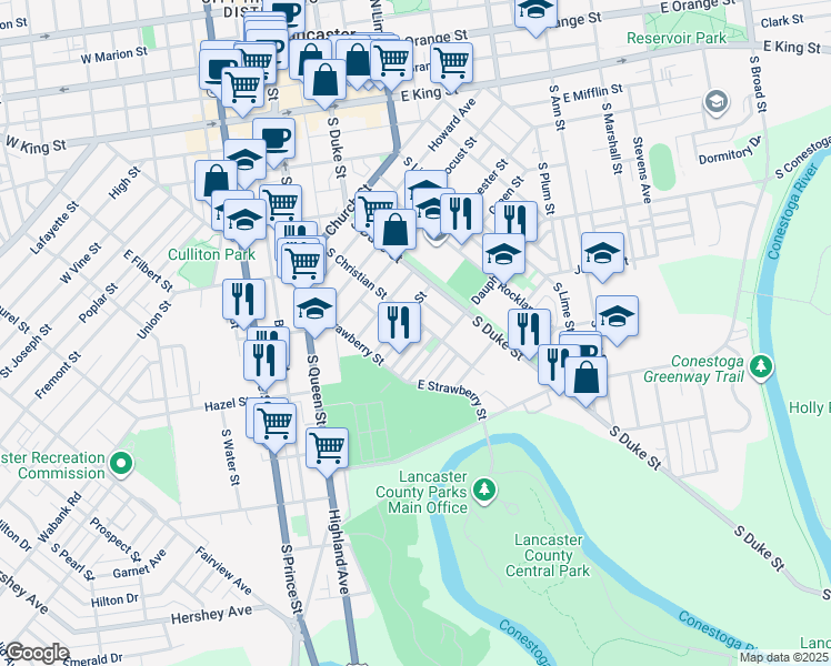 map of restaurants, bars, coffee shops, grocery stores, and more near 508 1/2 Woodward Street in Lancaster