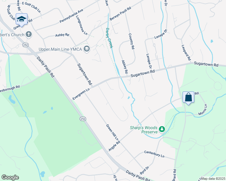 map of restaurants, bars, coffee shops, grocery stores, and more near 1430 Sugartown Road in Berwyn