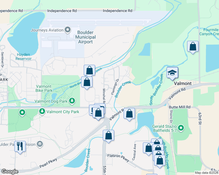 map of restaurants, bars, coffee shops, grocery stores, and more near 5505 Valmont Road in Unincorporated