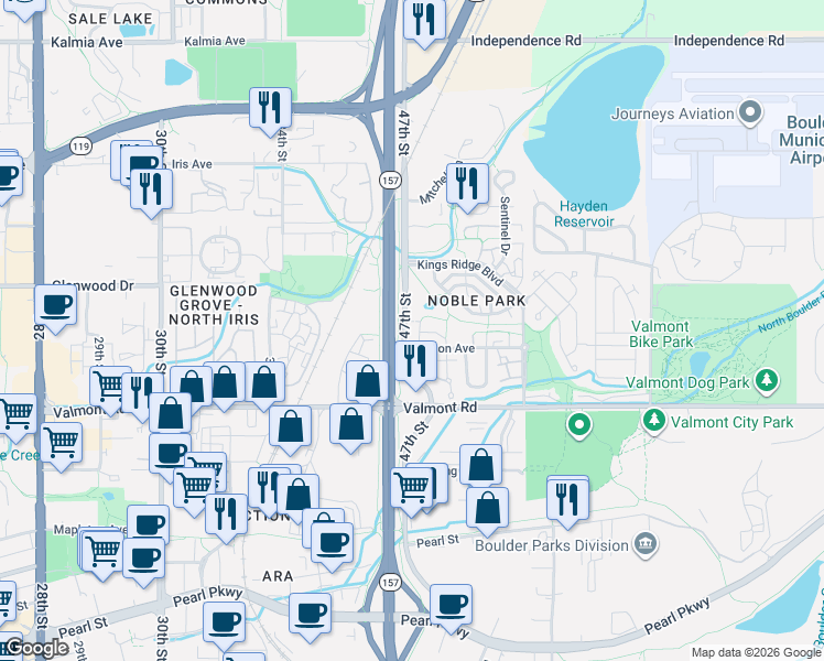 map of restaurants, bars, coffee shops, grocery stores, and more near 3202 47th Street in Boulder