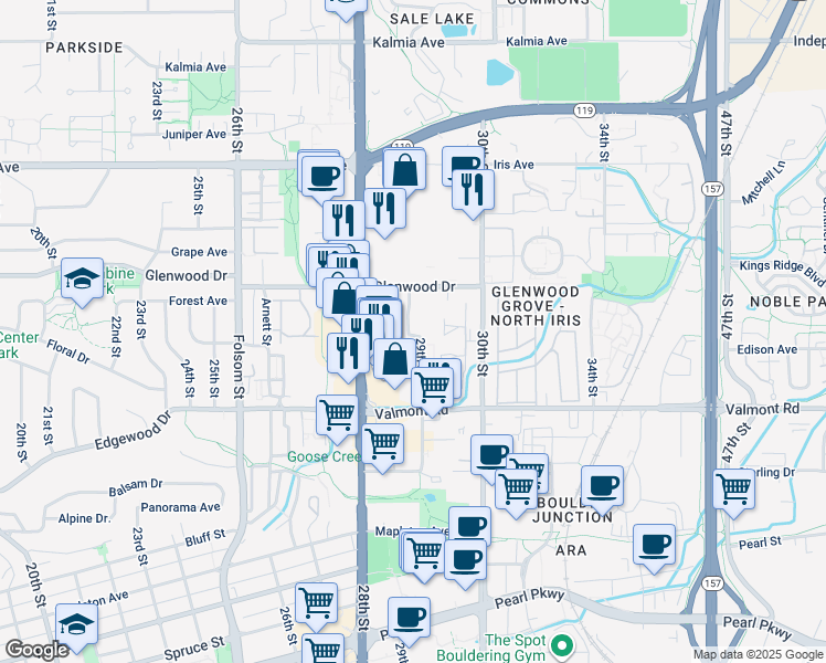 map of restaurants, bars, coffee shops, grocery stores, and more near 3148 29th Street in Boulder