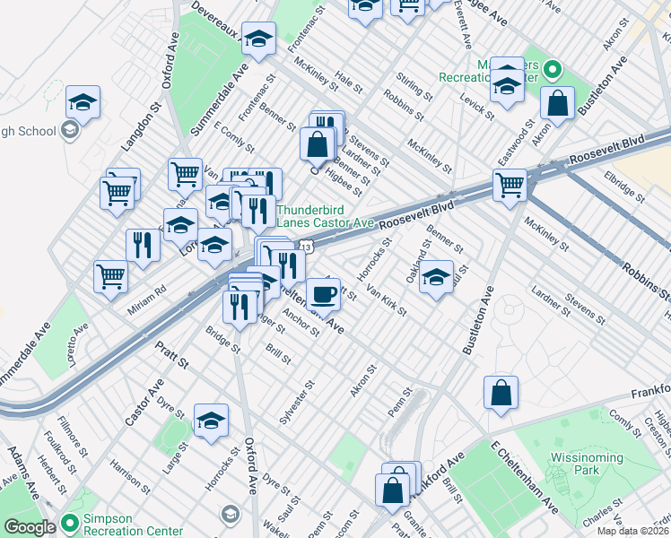 map of restaurants, bars, coffee shops, grocery stores, and more near 1400 Alcott Street in Philadelphia