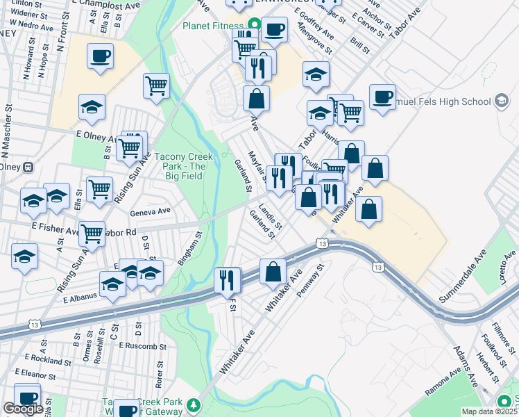 map of restaurants, bars, coffee shops, grocery stores, and more near 5231 North Tabor Road in Philadelphia