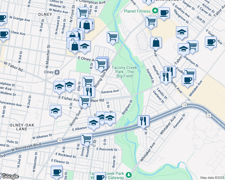 map of restaurants, bars, coffee shops, grocery stores, and more near 551 Marwood Road in Philadelphia