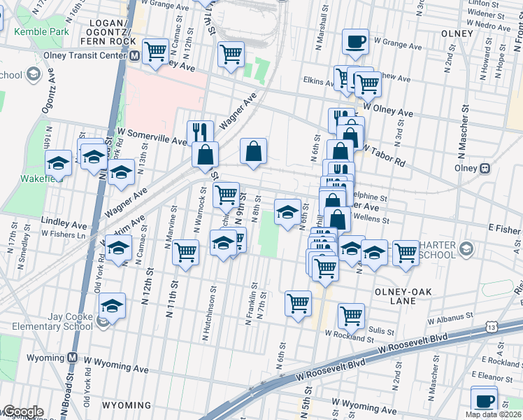 map of restaurants, bars, coffee shops, grocery stores, and more near 745 West Wellens Street in Philadelphia