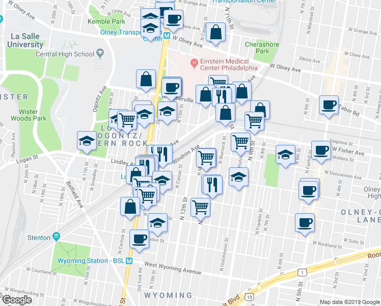 map of restaurants, bars, coffee shops, grocery stores, and more near 1175 Windrim Avenue in Philadelphia