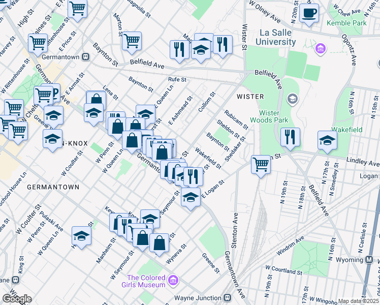 map of restaurants, bars, coffee shops, grocery stores, and more near 86 East Wister Street in Philadelphia