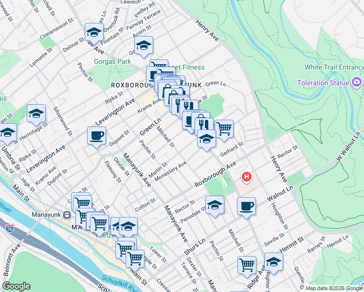 map of restaurants, bars, coffee shops, grocery stores, and more near 482 Martin Street in Philadelphia