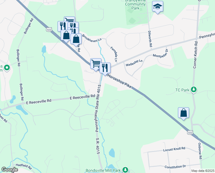 map of restaurants, bars, coffee shops, grocery stores, and more near 2089 Bondsville Road in Downingtown