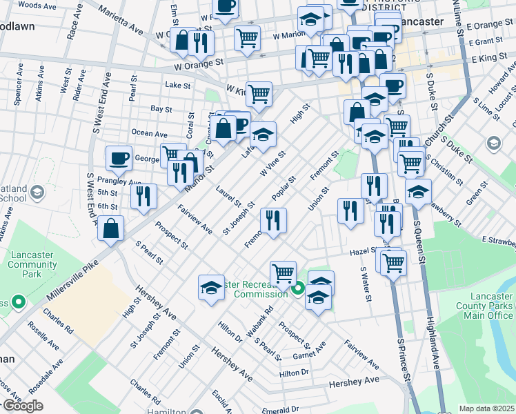 map of restaurants, bars, coffee shops, grocery stores, and more near 642 Saint Joseph Street in Lancaster