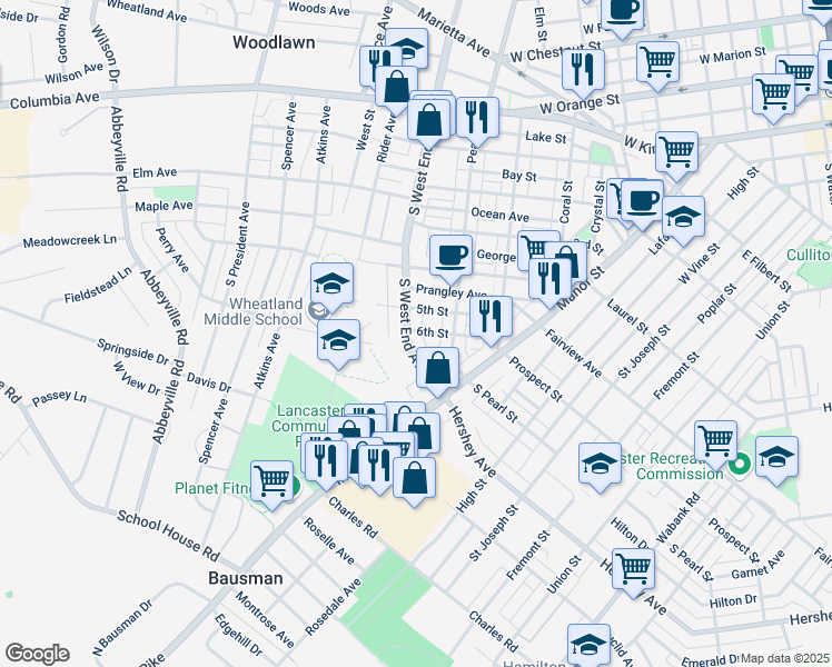 map of restaurants, bars, coffee shops, grocery stores, and more near 505 South West End Avenue in Lancaster