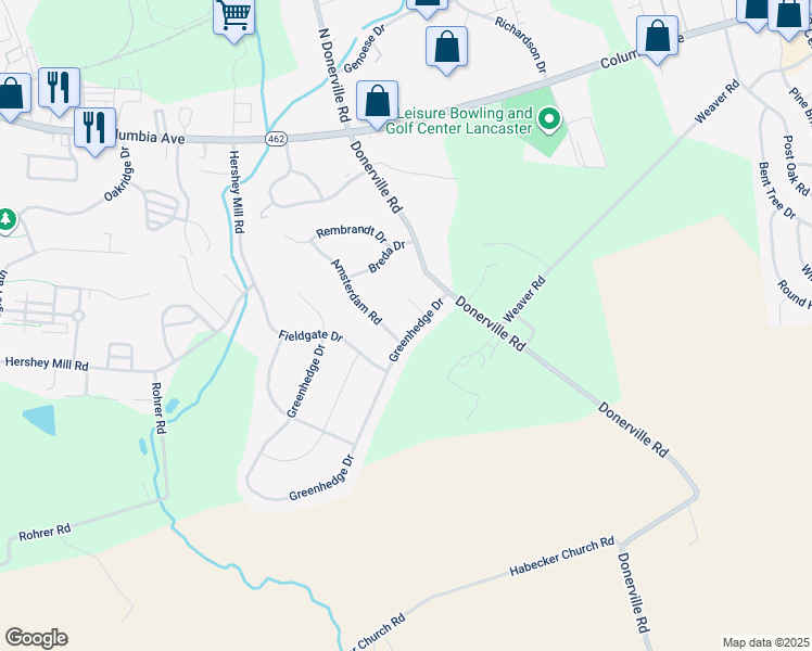 map of restaurants, bars, coffee shops, grocery stores, and more near 123 Greenhedge Drive in Lancaster