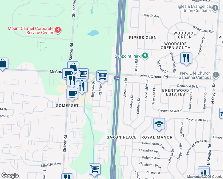 map of restaurants, bars, coffee shops, grocery stores, and more near 4139 Claver Drive in Columbus
