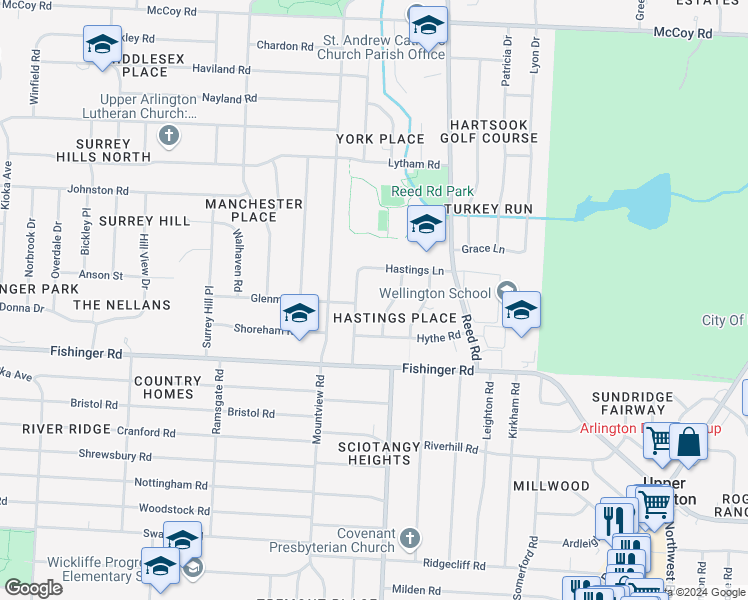 map of restaurants, bars, coffee shops, grocery stores, and more near 2020 Pevensey Court in Columbus