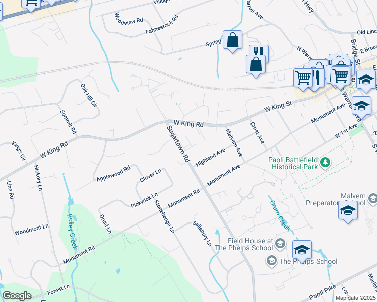 map of restaurants, bars, coffee shops, grocery stores, and more near 702 Raintree Lane in Malvern