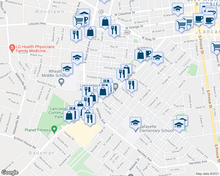 map of restaurants, bars, coffee shops, grocery stores, and more near 543 Ruby Street in Lancaster