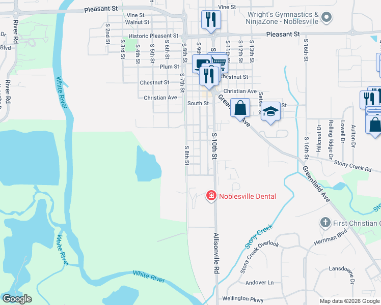 map of restaurants, bars, coffee shops, grocery stores, and more near 1530 South 8th Street in Noblesville