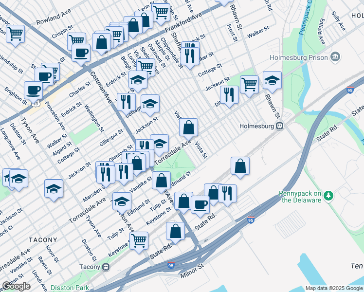 map of restaurants, bars, coffee shops, grocery stores, and more near Torresdale Ave & Bleigh Ave in Philadelphia