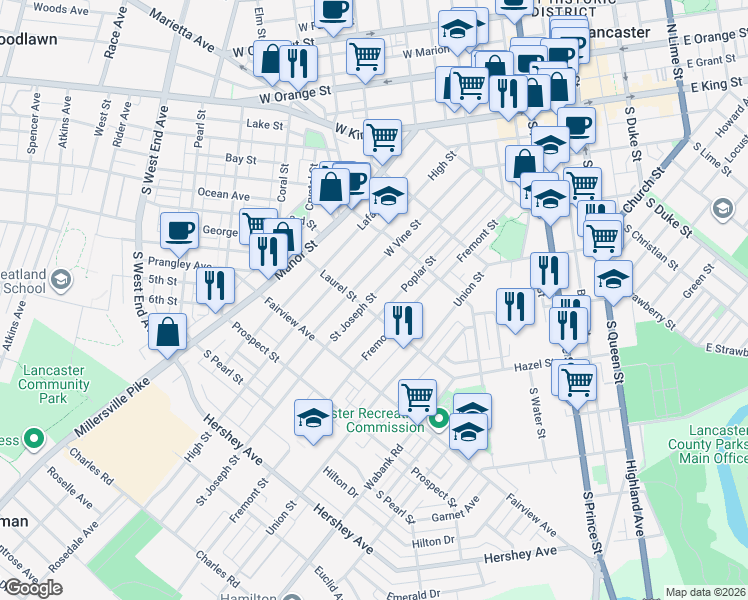 map of restaurants, bars, coffee shops, grocery stores, and more near 642 Saint Joseph Street in Lancaster