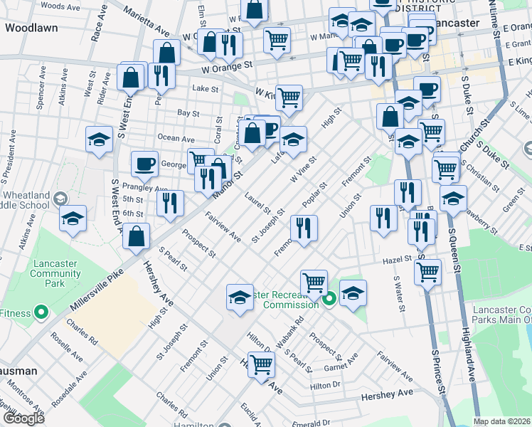 map of restaurants, bars, coffee shops, grocery stores, and more near 704 West Vine Street in Lancaster