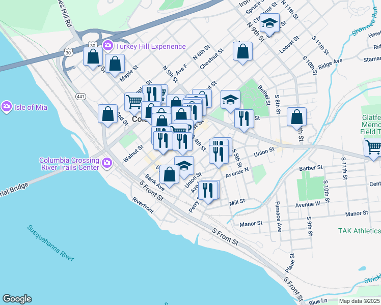 map of restaurants, bars, coffee shops, grocery stores, and more near 325 Cherry Street in Columbia