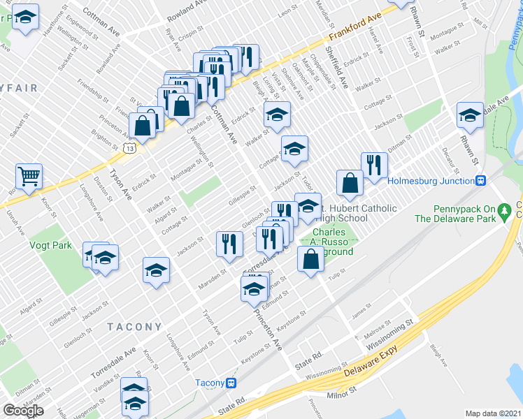 map of restaurants, bars, coffee shops, grocery stores, and more near 7232 Glenloch Street in Philadelphia