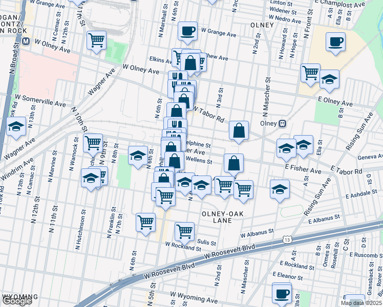 map of restaurants, bars, coffee shops, grocery stores, and more near 424 West Fisher Avenue in Philadelphia