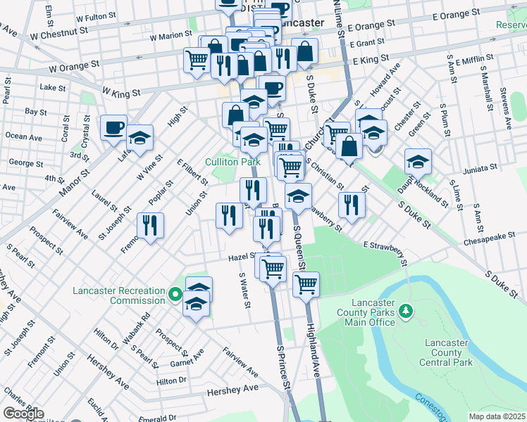 map of restaurants, bars, coffee shops, grocery stores, and more near 355 South Prince Street in Lancaster