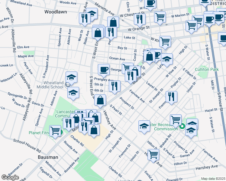 map of restaurants, bars, coffee shops, grocery stores, and more near 713 6th Street in Lancaster