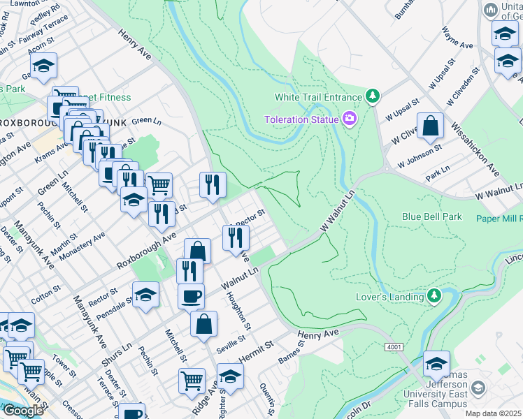 map of restaurants, bars, coffee shops, grocery stores, and more near 5852 Magdalena Street in Philadelphia