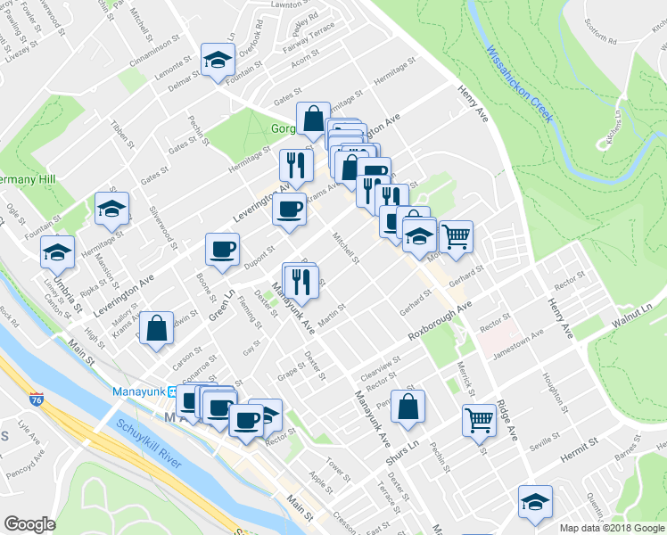 map of restaurants, bars, coffee shops, grocery stores, and more near 420 Lyceum Avenue in Philadelphia